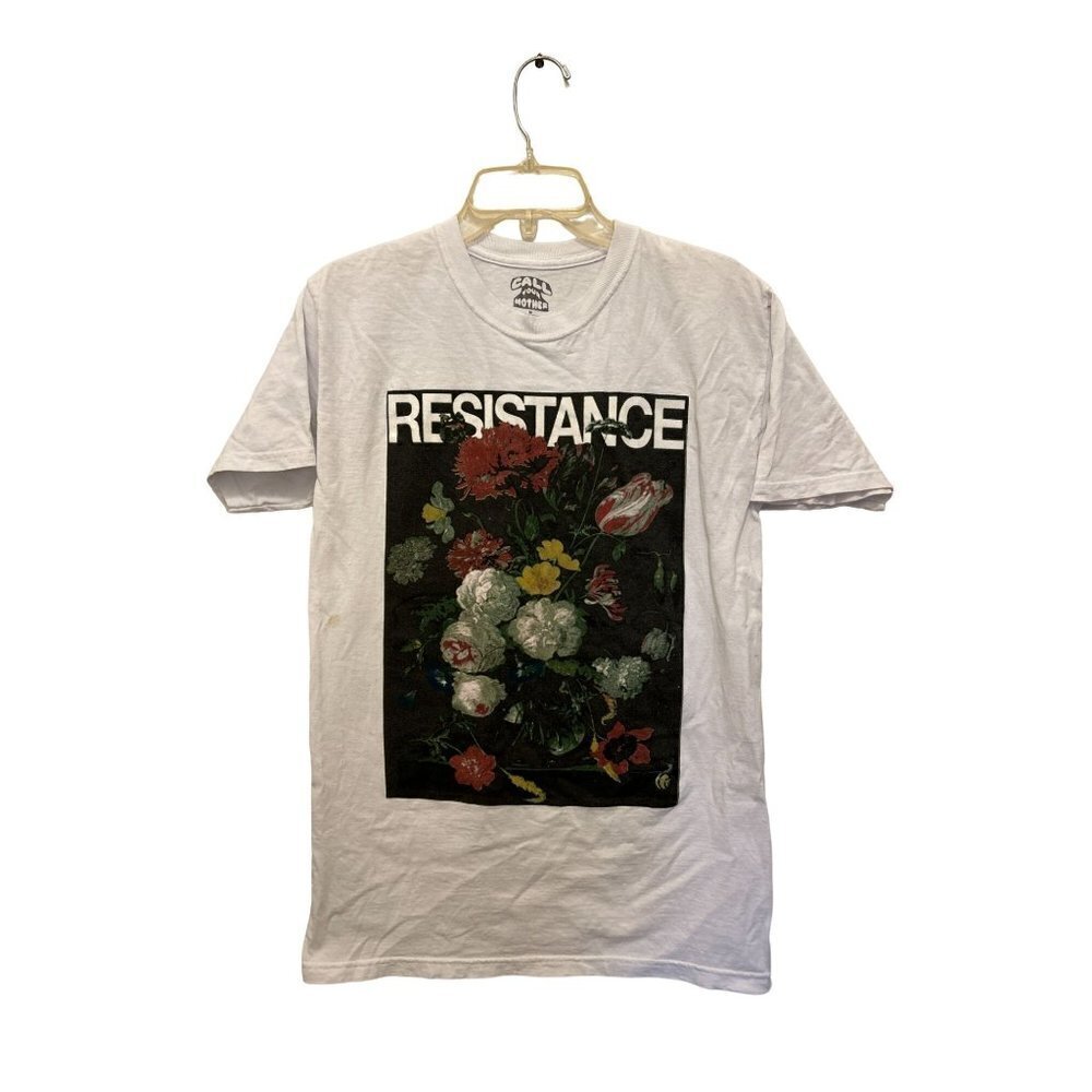 CALL YOUR MOTHER Resistance White Tee Tshirt Floral Panel Size Med